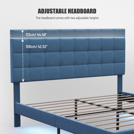 OWSOO Upholstered Queen Size Platform Bed Frame with RGB Stripe Linen Fabric Height Adjustable Headboard No Box Spring Needed Blue