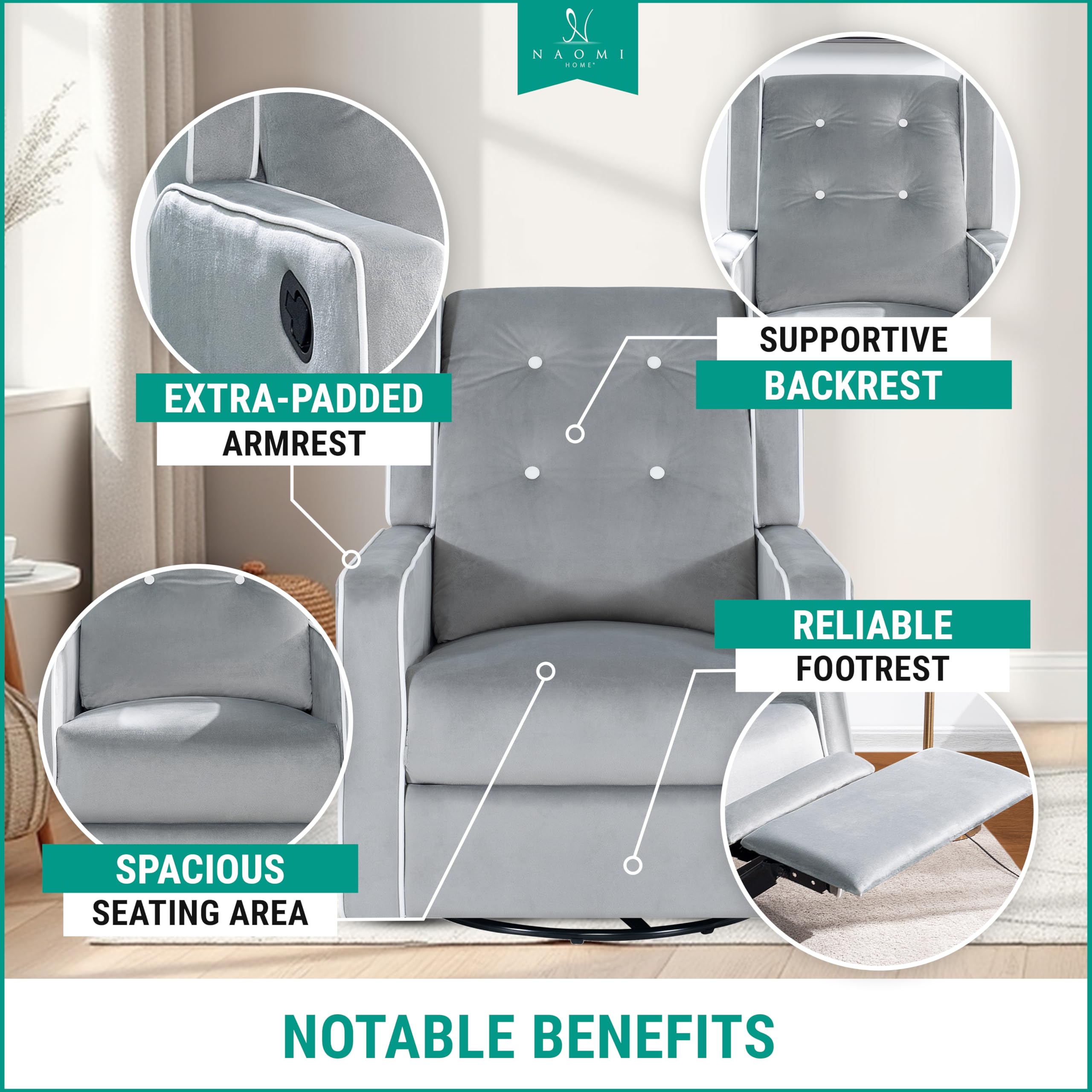 Relax and Bond with Your Baby in Style – Odelia 360° Swivel Glider Rocker Recliner for Nursery and Maternity | Plush Cushions, Gentle Rocking Motion, Soft Microfiber Upholstery - Light Gray