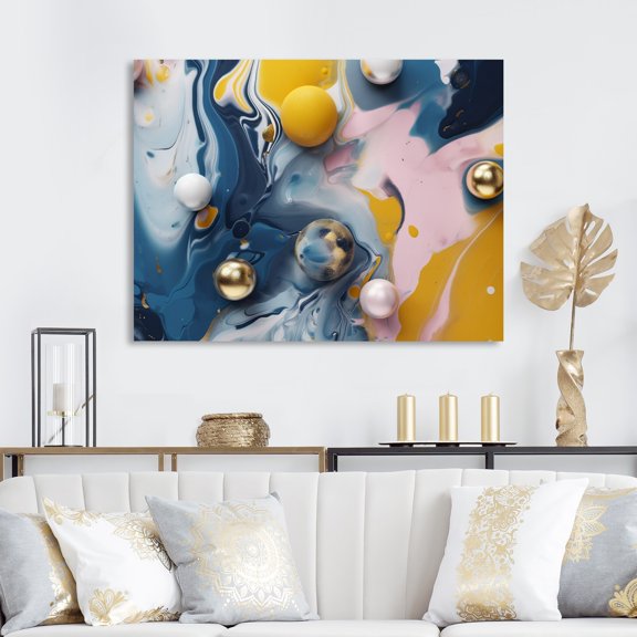 DESIGN ART Designart "Yellow And Blue Fluid Stone Iii" Abstract Marble Canvas Wall Art 40 in. wide x 30 in. high