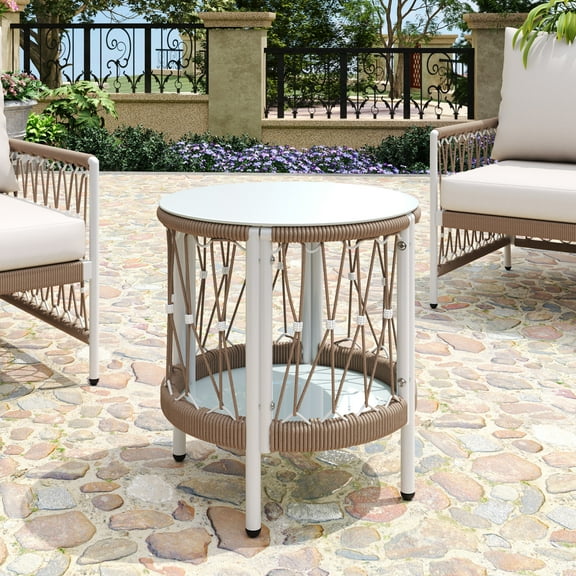 Christopher Knight Home Boho Outdoor Side Table with Handwoven Rope, Steel Frame, and Glass Top, Beige and Natural
