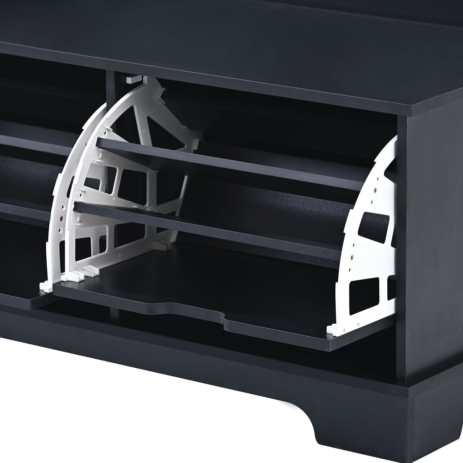 Kadyn All in One Hall Tree, Wide Hall Tree with 3 Top Shelves and 2 Flip Shoe Storage Drawers, Mudroom Hall Tree with Storage Bench and Metal Hanging Hooks, Black