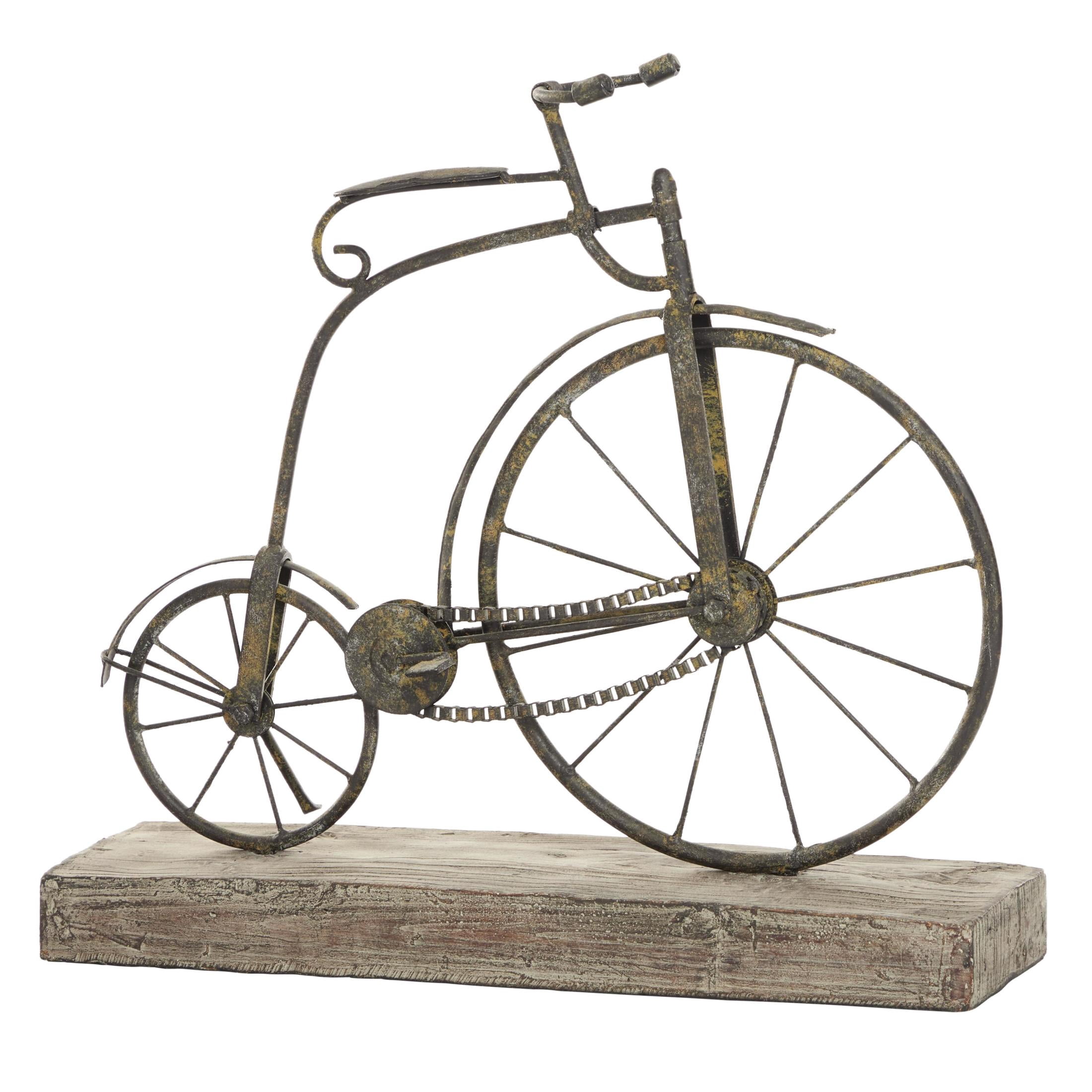 16" x 14" Black Metal Weathered Vintage Bike Sculpture with Wood Block Base, by DecMode