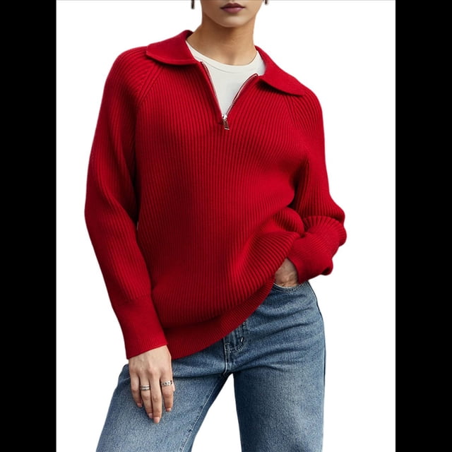 Suéter de Larga con Cremallera de un Cuarto para Mujer, Informal, Holgado, con Cuello en V y Punto Acanalado. Rojo L