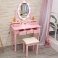 thumbnail image 1 of Yeshouse tocador para niñas, mesa de maquillaje de madera con espejo ovalado y luces, 3 modos de iluminación, 5 cajones y taburete, ideal para dormitorio o sala de juegos, 1 of 7
