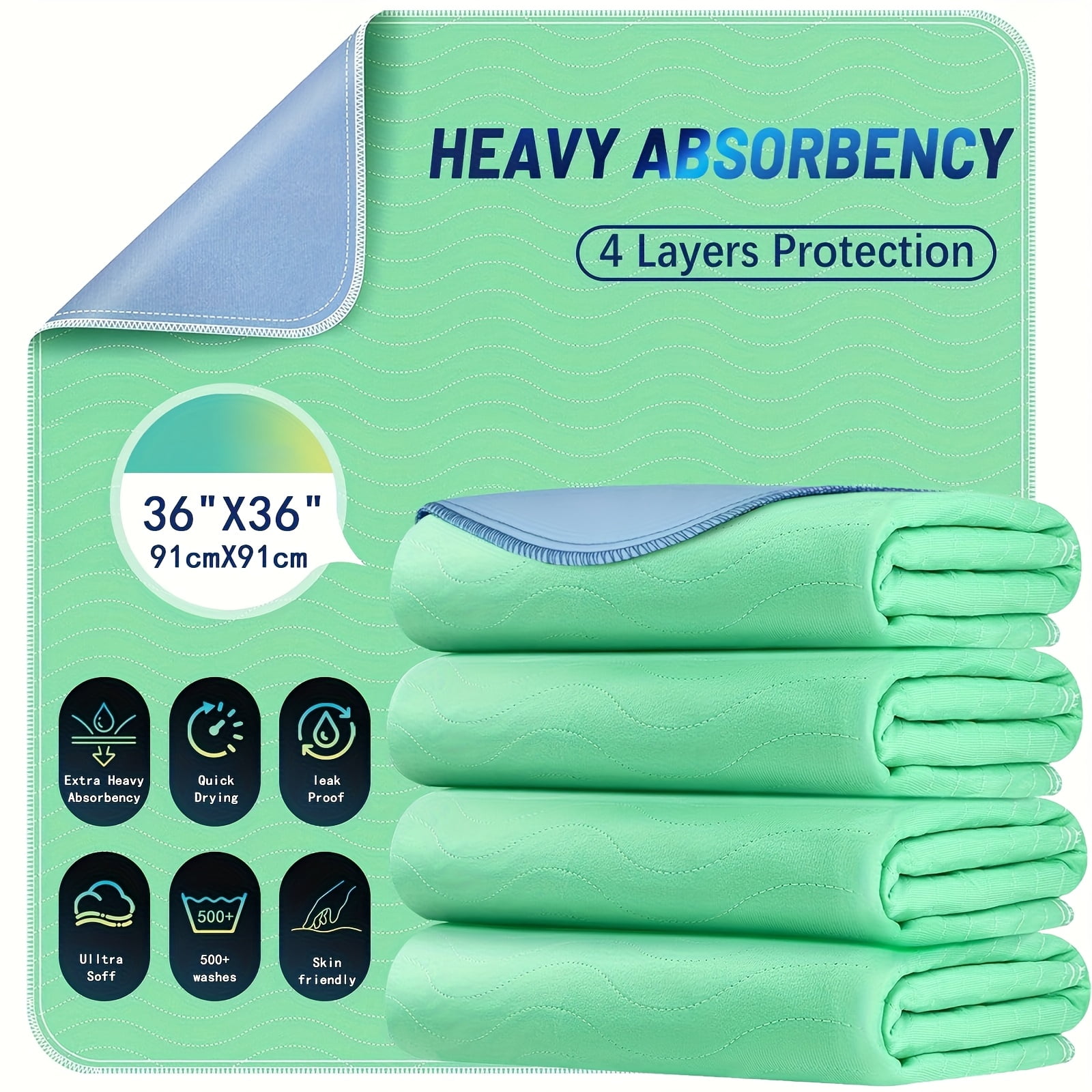 4pack/1pack 36” x 36” Extra Heavy Absorbency Washable Underpads, Waterproof Quick Drying Nursing Pads Incontinence Bed Pads, Reusable Washable Pee Pads for Dogs, Diaper Changing & Adults