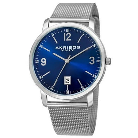 Akribos XXIV Men's Swiss Quartz Date Aperture Stainless Steel Blue Bracelet Watch