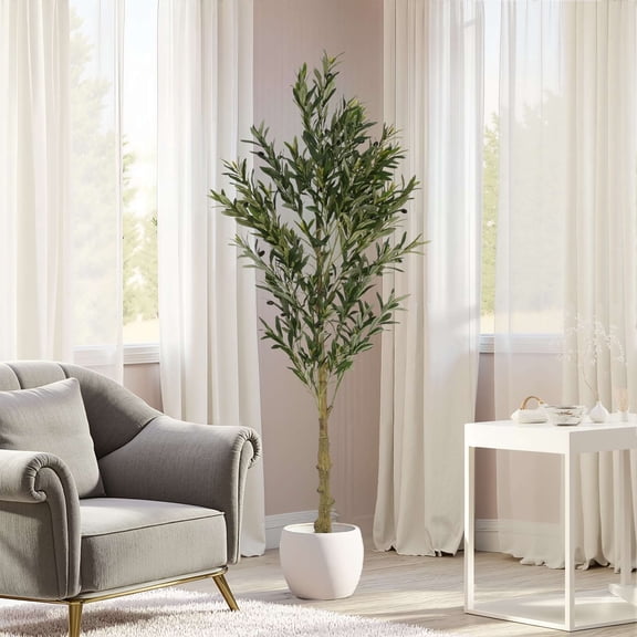 GDF Studio 71" Artificial Olive Tree with Black Plastic Pot, Silk Leaves, Faux Plant Home Decor