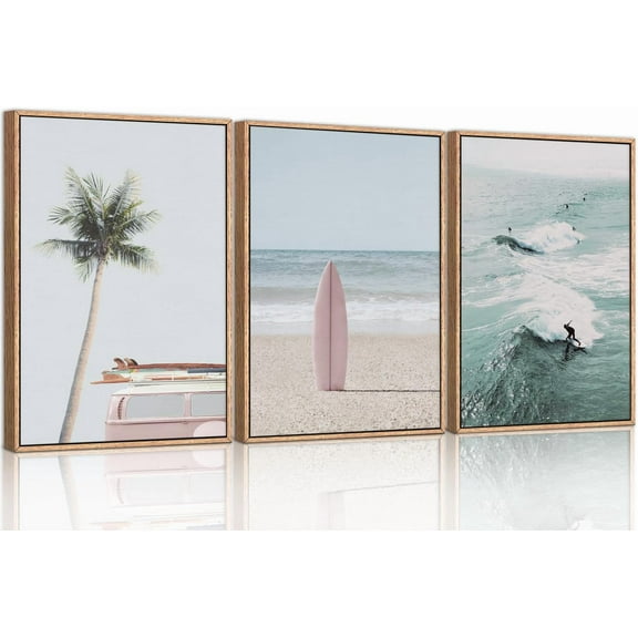 Beach Framed Canvas Wall Art Set, Palm Tree Surfboard Seascape Wall Decor, Ocean Surfing Wall Painting, Coastal Art Print for Living Room, Bedroom, Dining Room, Bathroom - Large Size 16"x24"x3