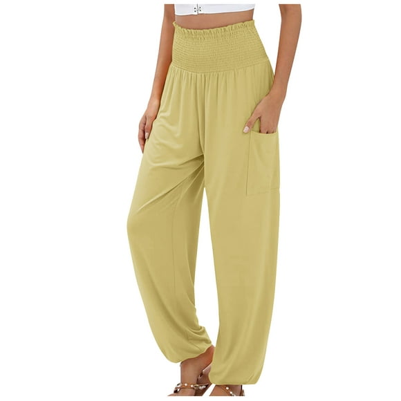 Palazzo Pants for Women Smocked High Waisted Wide Leg Pants Casual Flowy Lounge Trousers Comfy Beach Pant with Pockets