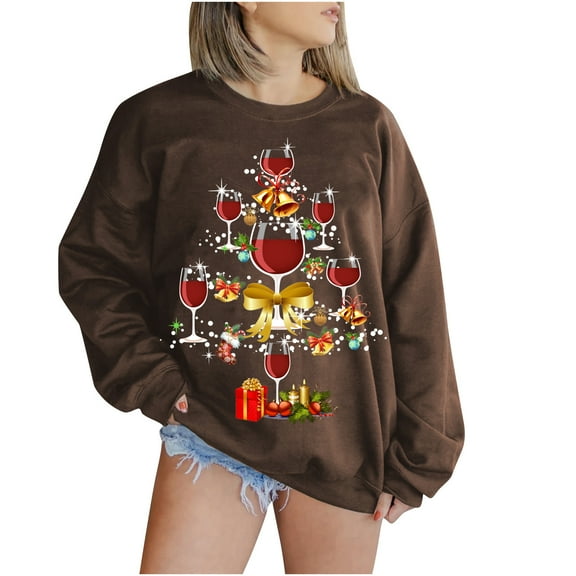 Patlollav Womens Long Sleeve Christmas Print Tops Blouse Sweatshirts Coffee XL