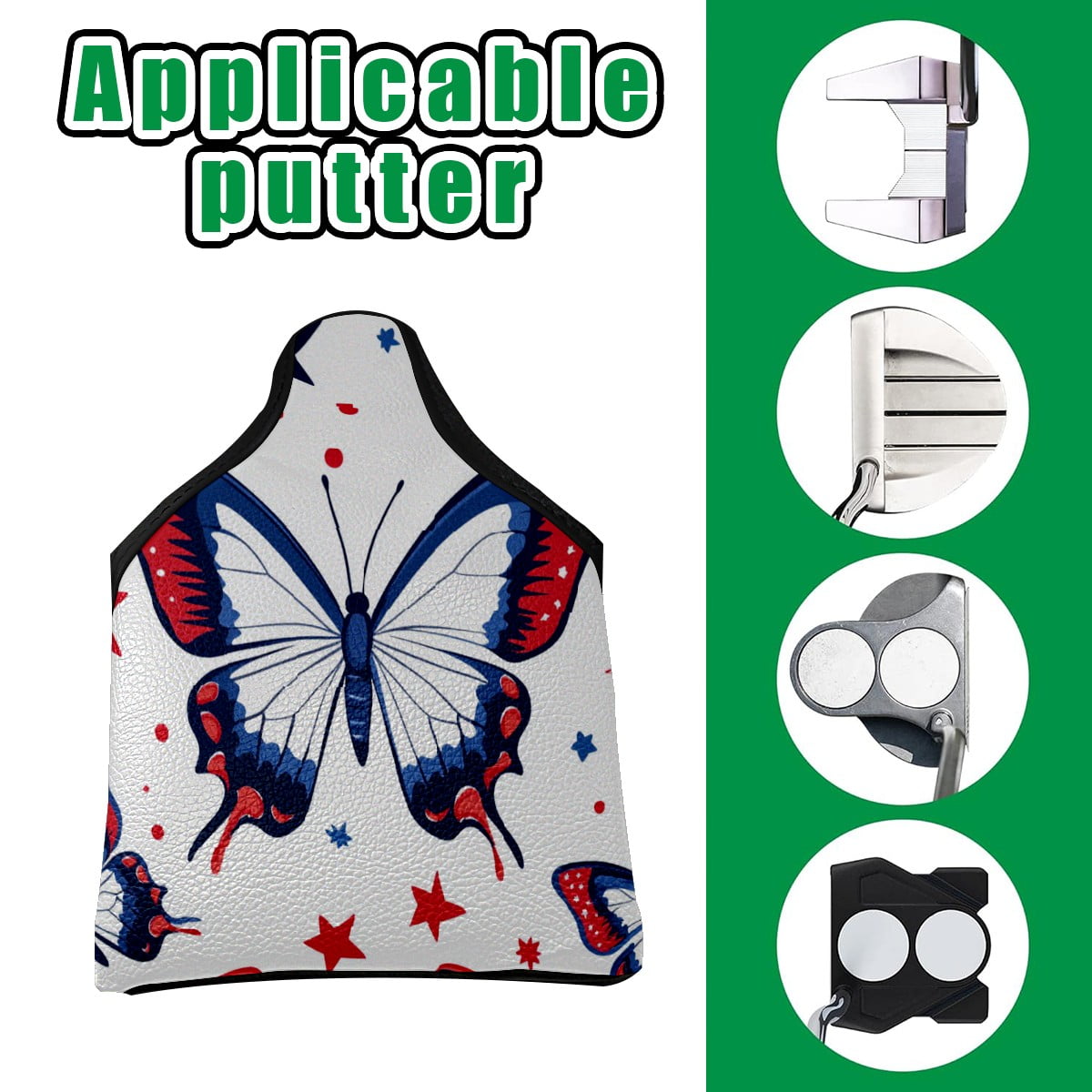 Golf Mallet Putter Cover Premium Leather Waterproof Golf Putter Head Cover with Magnetic Closure Red Blue Butterfly