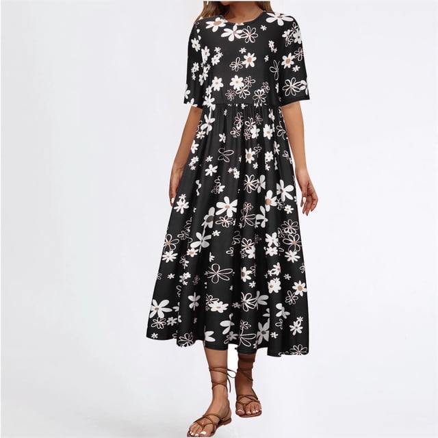 Puntoco Nuevo Vestido De Margaritas Floral De Manga Corta De Verano Para Mujer Negro Xxxl,Regalos Para Mujer Joven
