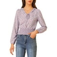 thumbnail image 5 of Allegra K Women's Floral Tie Neck Ruffle Collar Long Sleeve Smocked Waist Top, 5 of 6