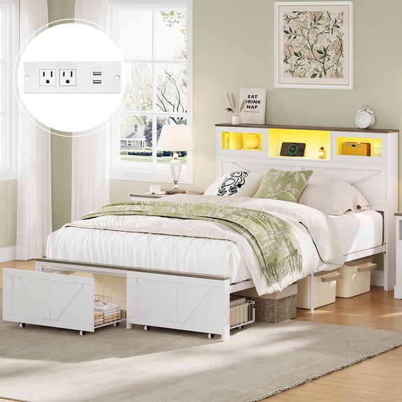Full Size Bed Frame with Headboard, Full Bed Frame with Charging Station, LED Beds with 2 Storage Drawers, Wood Farmhouse Bedframe, White