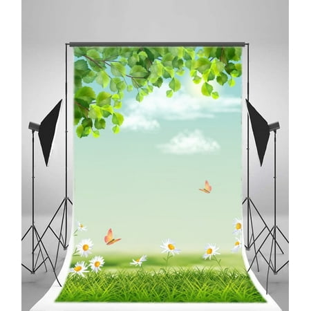 Image of 5x7ft Backdrop Spring Flowers Green Leaves Butterflies Grassland Scenery Fresh Photography Background Blue Sky Background Children Video TV Shooting Photo Studio Prop