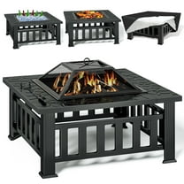 KingChii 32" Fire Pit Table Wood Burning Square Metal Firepit for Outdoor, Patio Backyard BBQ with Mesh Lid, Poker and Cover, Black