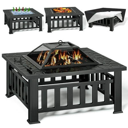 KingChii 32" Fire Pit Table Wood Burning Square Metal Firepit for Outdoor, Patio Backyard BBQ with Mesh Lid, Poker and Cover, Black