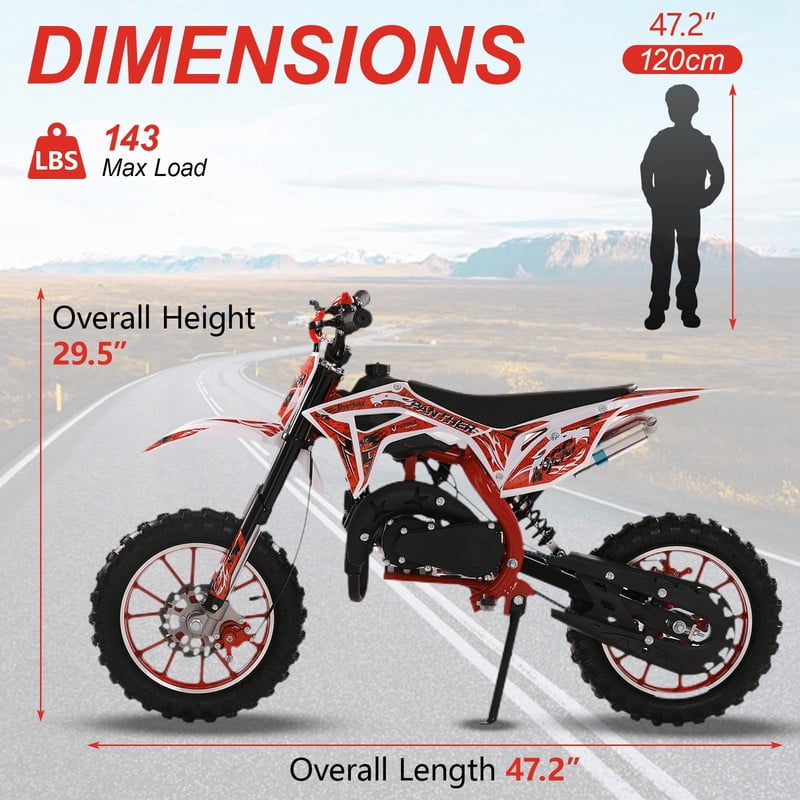 Seipouy 49cc Kids Dirt Bike - 2-Stroke Mini Motorcycle with Front and Rear Disc Brakes, Shock Absorption, Soft Seat Cushion & Off-Road Tires for Kids and Teens