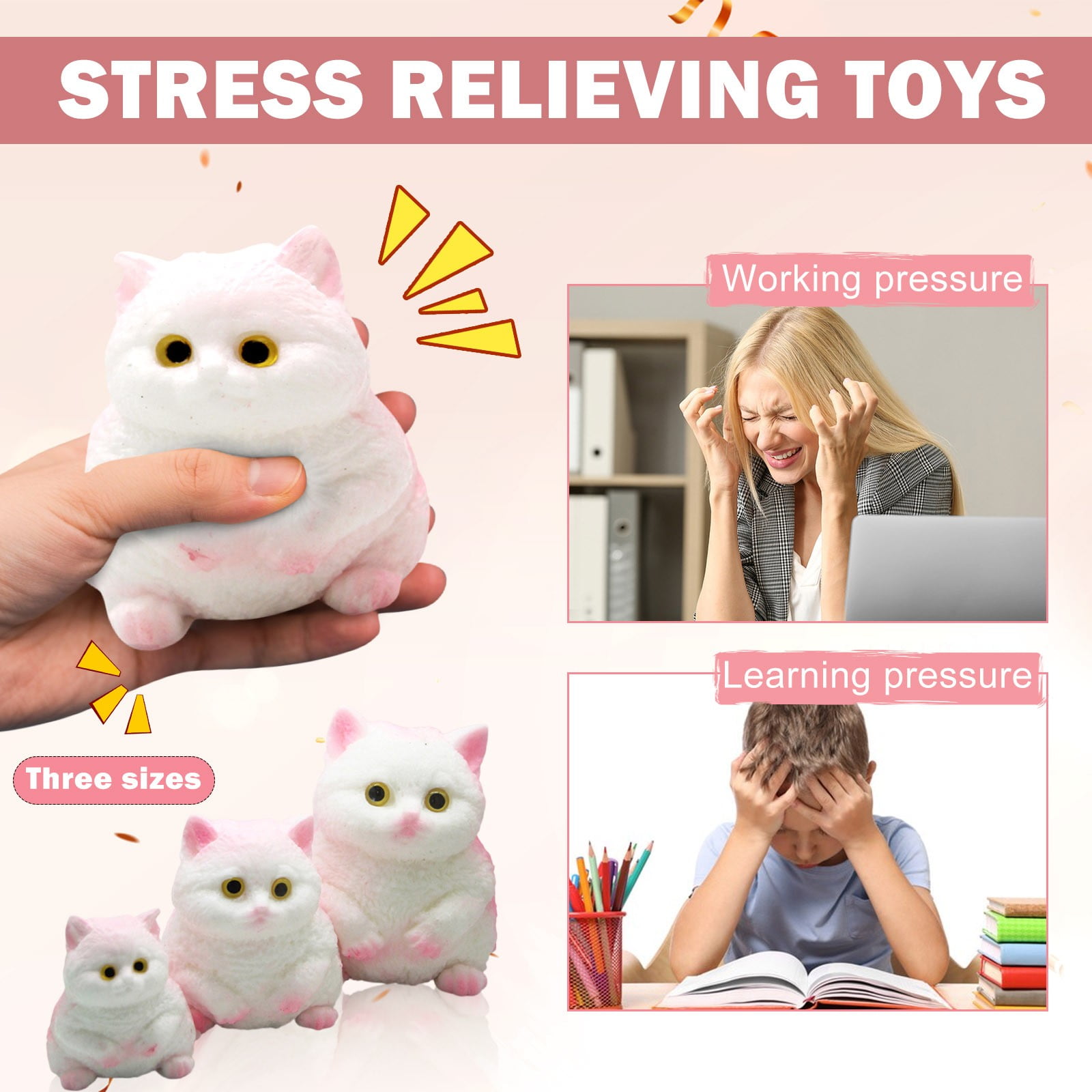 Squishy Dolls Fluffy Cat Stress Doll - Super Soft Slow Rising Trumpet Cat Squeeze Doll, Cute Pink White Plush Decompression Doll for Anxiety Relief