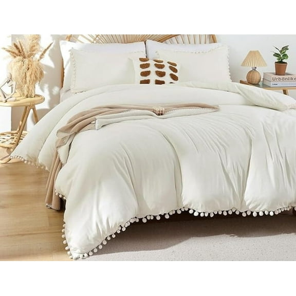 Duvet Cover Set For Bedroom Pompom Boho Bedding Set Breathable Ivory Quilt Cover 8Corner tie For Closure Zipper Bohemian Bedding Set
