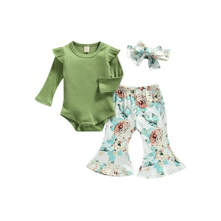 

Fiomva Girl s Solid Pit Fly Sleeve Top with Printed Flared Pants and Hair Accessories
