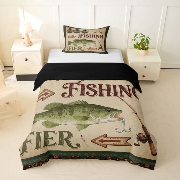 Feelyou Tribal Western Country Fishing Twin Bedding for Men Boys, Vintage River Animal Duvet Cover Set, Brown Green, Black Reversible, 1 Duvet Cover and 1 Pillowcase (No Comforter)