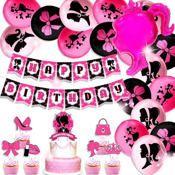 Sweet birthday decoration set for girls - Pink, black and gold princess theme balloon, banner and cake topper combo