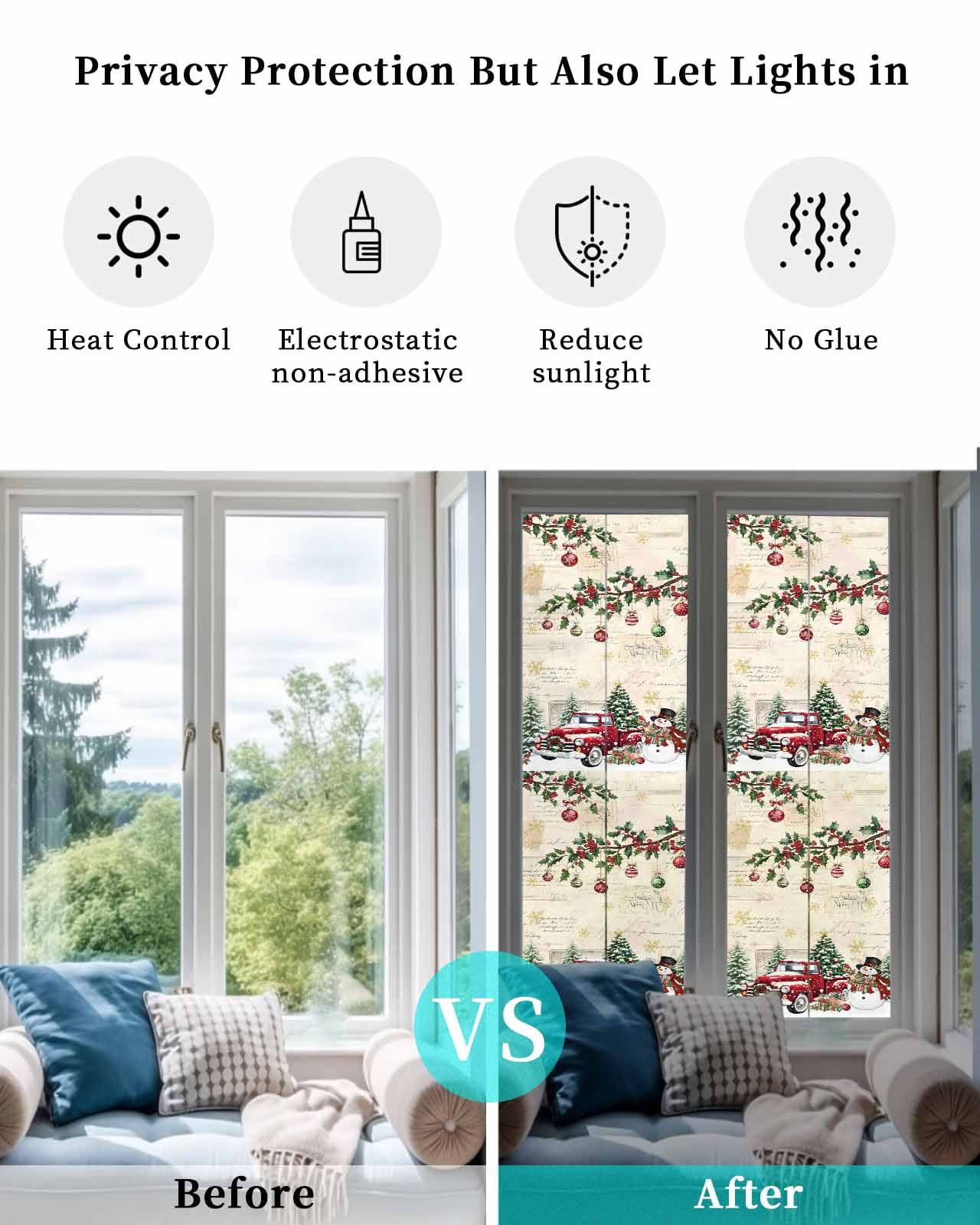 Christmas Window Privacy Film Stained Glass Window Film Decorative Windows Cover Static Windows Cling for Glass Door Xmas Snowman Truck Snowflake Tree Balls Vintage Stickers for Bathroom 29.5"x118"