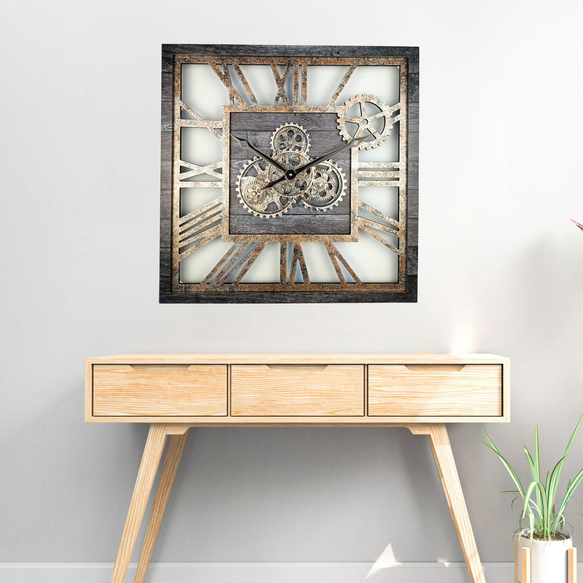 THE GEARS CLOCK Wall Clock with Real Moving Gears AM-LI_ 24 in Square Carbon-Grey