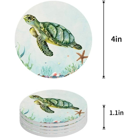 RYLABLUE Ocean Sea Turtle Set of 4 Round Coaster for Drinks, Absorbent Ceramic Stone Coasters Cup Mat with Cork Base for Home Kitchen Room Coffee Table Bar Decor