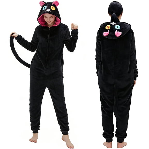 Black Cat Onesie Adult Animal Pajamas Cat Jumpsuit Homewear Sleepwear Zipper Hooded for Unisex