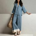thumbnail image 5 of Women Two Piece Set 3/4 Sleeve V Neck Tops and High Waist Wide Leg Pants with Contrast Hem Summer Cotton Linen Outfits, XL, 5 of 5