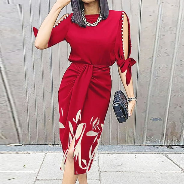 Womens Dresses Clearance Plus Size Stylish Trendy Women's Casual Round Neck  Long Sleeve Ladies Printed Mini Dress Red L JE 