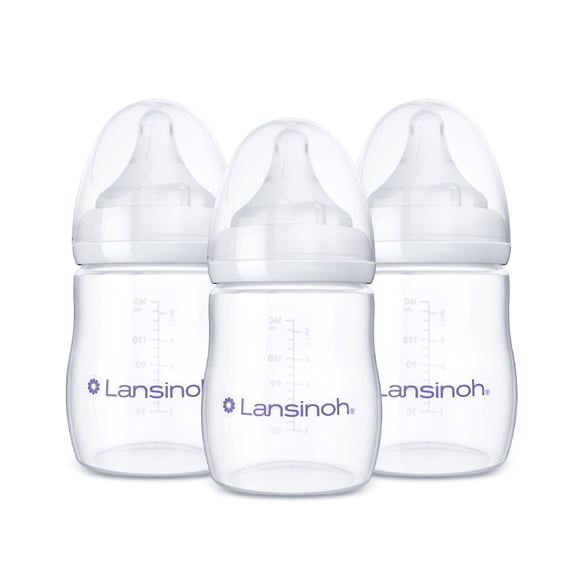 Lansinoh Anti-Colic Baby Bottles, BPA-Free Plastic, 5oz, 3pk, Slow Flow Nipples (Size S), Breastfeeding Bottle, NaturalWave Design, Baby Essentials