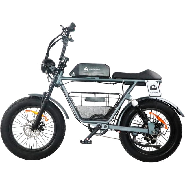 bicicleta eléctrica bluelander velocidad máxima 51 km/h potencia del motor 750w batería 48v, vista lateral completa con cuadro tubular gris y batería de litio 48V/15.6Ah extraíble en el tubo superior; neumáticos gruesos 20 x 4 pulgadas, frenos de disco mecánicos delantero y trasero, sillín tipo banco, manillar con acelerador y pantalla YL-81F visible, guardabarros y portaequipaje; 7 niveles de asistencia y agarre en nieve y arena, a menudo usada para recorridos diarios y traslados urbanos.