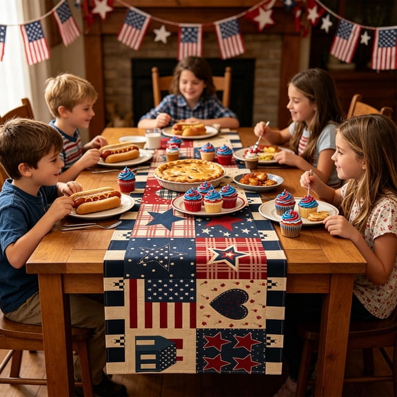 Tepsmf Independence Day Table Flag Red White Blue Star Striped Floral Print Dining Table Decoration