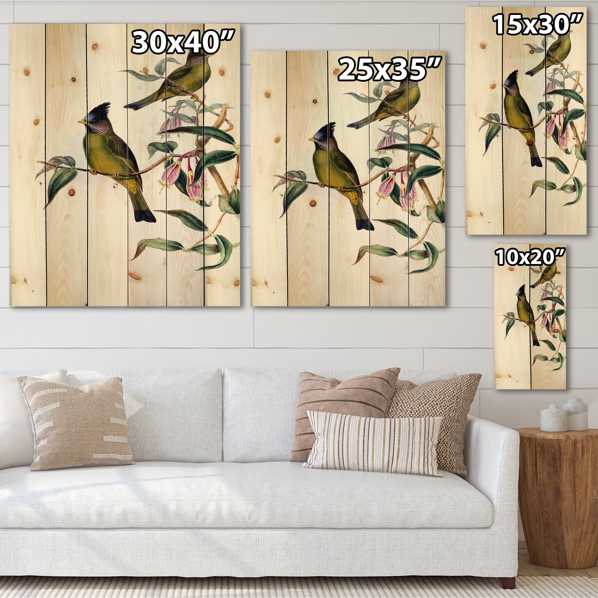 Designart 'Vintage Countryside Birds On Branch II' Farmhouse Print on Natural Pine Wood