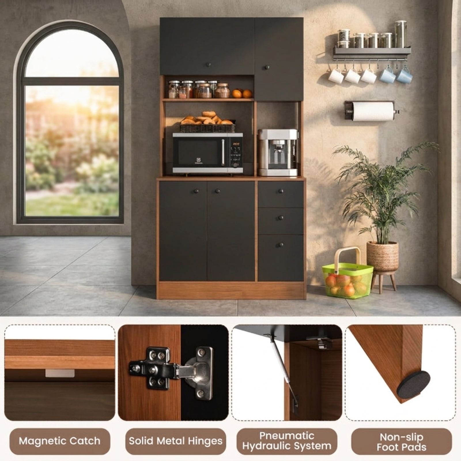 Furnibear Kitchen Pantry Cabinet 71 Inch Tall Freestanding Pantry Storage Cabinet with 3 Storage Cabinets and 3 Deep Drawers for Kitchen and Dining Room, Walnut