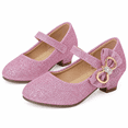 thumbnail image 2 of Pink Glitter Mary Jane Dress Shoes for Girls with Rhinestone Bow Size 2, Big Kids Low Block Heel Princess Party Shoes, 2 of 7