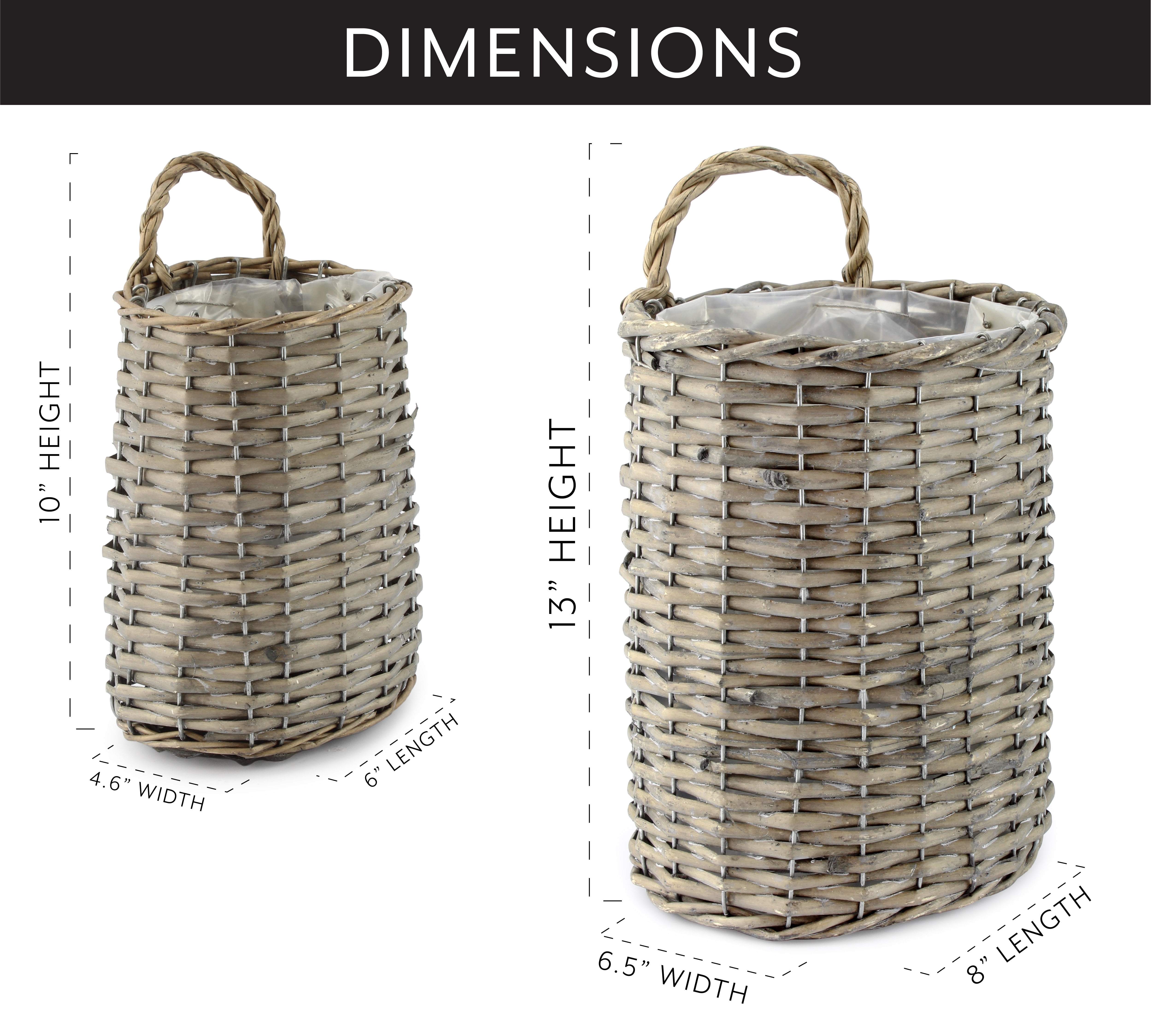 AuldHome Design Wall Hanging Baskets (Set of 2, Gray); Woven Wicker Rustic Farmhouse Gray Washed Door Baskets, Small and Medium Size