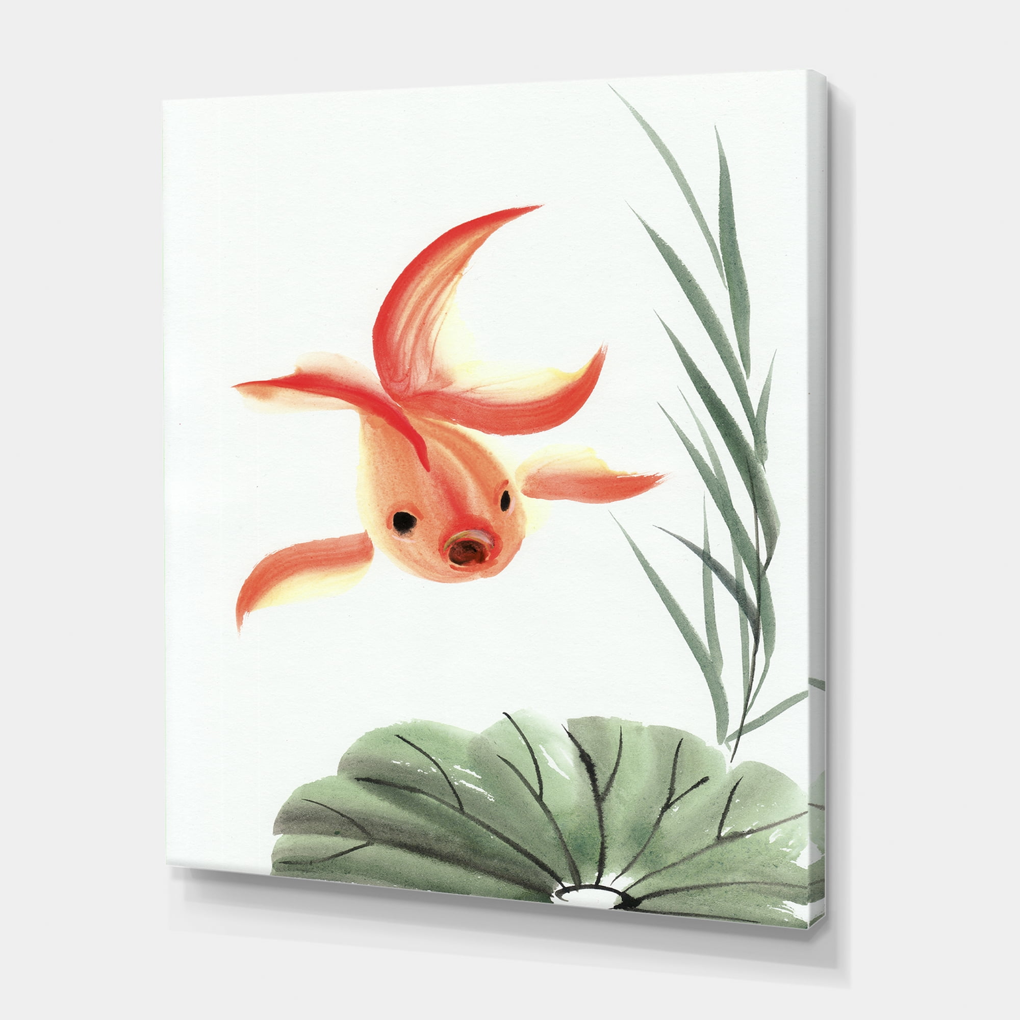 Designart ' Ancient Goldfish and The Lotus Leaf ' Nautical & Coastal Canvas Wall Art Print