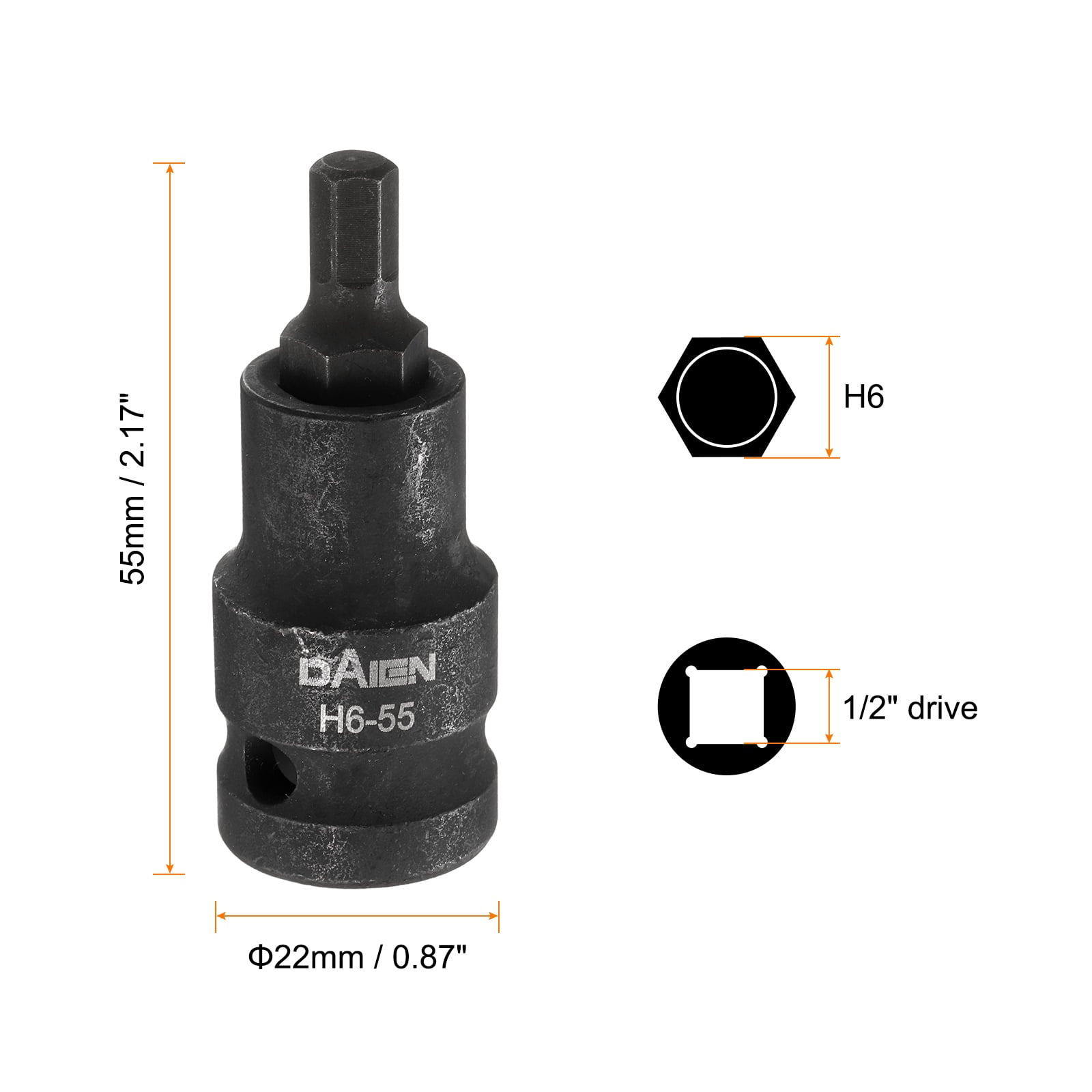 Uxcell 5pcs H6 Hex Bit Socket 55mm/2.17" Length 1/2" Square Drive Metric Extension Impact Bit Power Nut Driver Set S2 Steel Socket Ratchet Wrench Bits, Black
