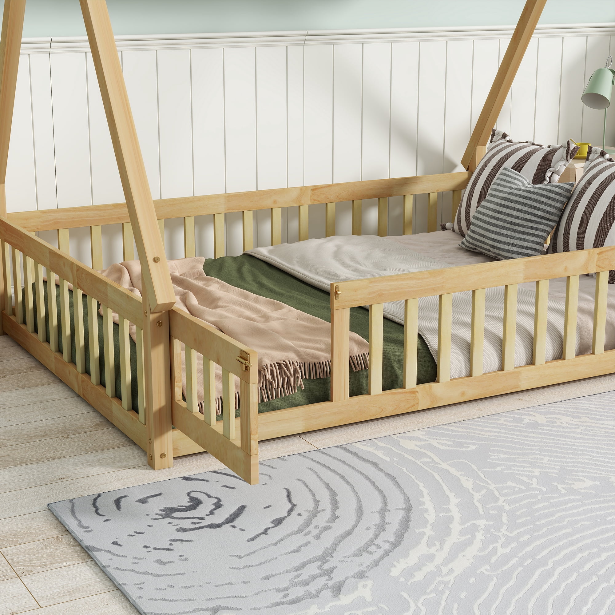 Miniyam Full Size Teepee Tent Floor Bed with Guardrails and Lockable Door, Wooden Montessori Bed with Slats for Kids Bedroom, Natural
