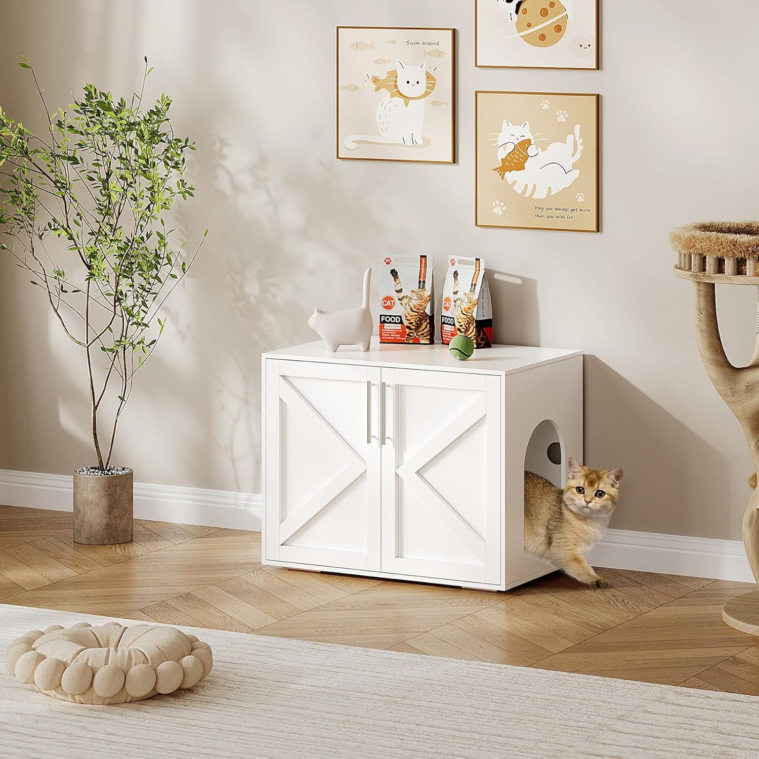 Garvee Cat Litter Box Enclosure, Hidden Cat Litter Box Cabinet with Double Doors, Ventilation, and Cushion Pads, Farmhouse Wooden Kitty Furniture for Cats and Small Pets, White