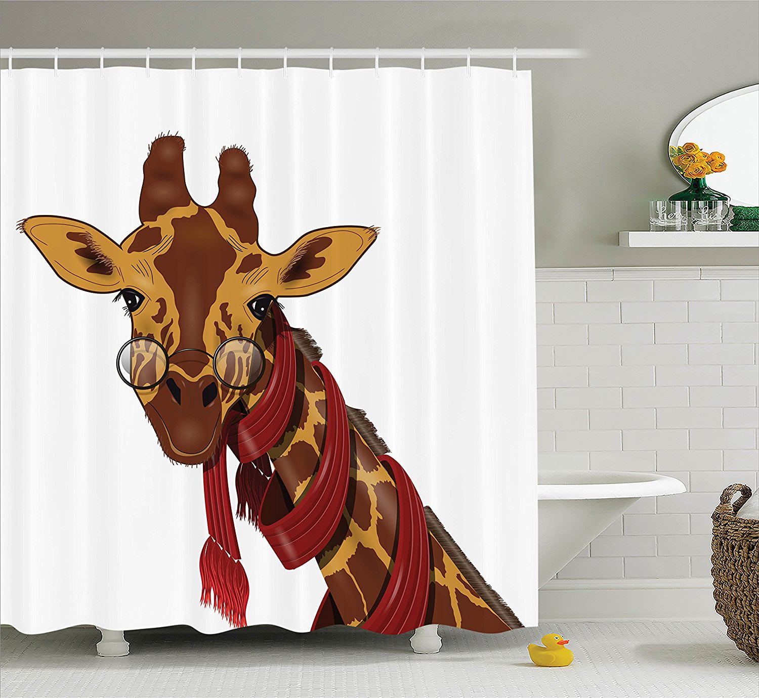 Funny Giraffe with Red Hat Shower Curtain Liner Bathroom Polyester Fabric Hooks 