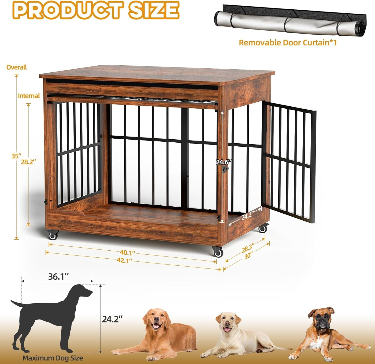 42" Wooden Dog Crate Furniture with Double Door, Lockable Wheels & Blackout Curtain, Decorative Indoor Pet Kennel End Table for Large Breed Dogs, Vintage Brown