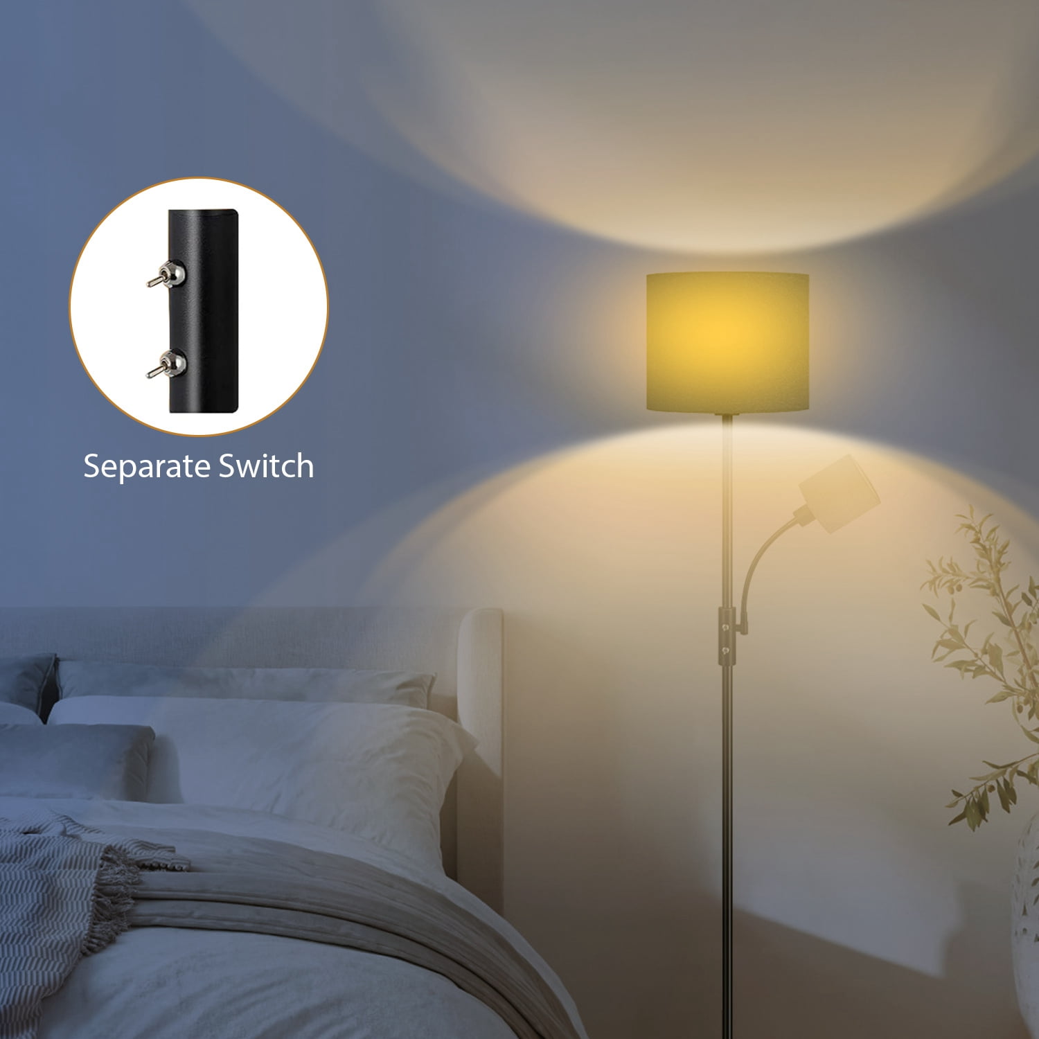 67.32in Floor Lamp Combo Moclever Linen Shade Warm Lamp 360° Adjustable Reading Light Modern Decoration Metal Standing Lamp for Living Room Bedroom Office, Grey