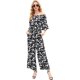 thumbnail image 1 of Verano de las mujeres Floral sin tirantes con volantes de manga corta de cintura alta pantalones de pierna ancha Casual suelto mono negro blanco hoja grande, 1 of 5