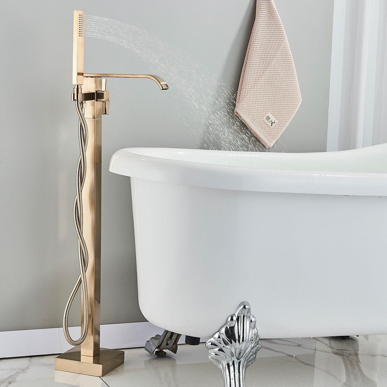 Floor Mounted Brushed Gold Free Standing Bathtub Faucet Shower Tub Filler Spout