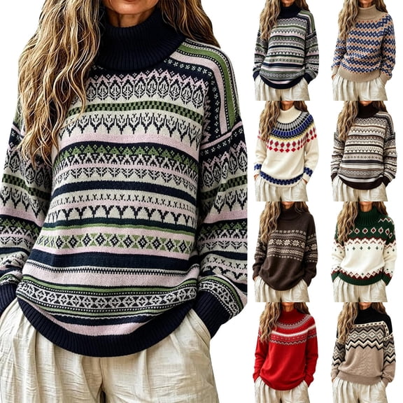 Womens Sweaters Fair Isle Turtleneck Long Sleeve Knit Pullover Loose Soft Oversized Fall Tops